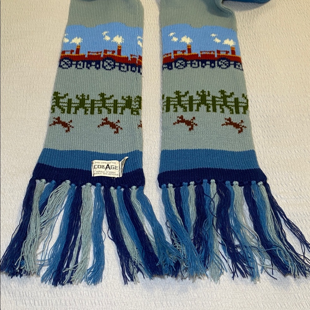Vintage Collage Knit Scarf Blue Gray Train Cowboy Railroad Whimsical Twee - Picture 3 of 7